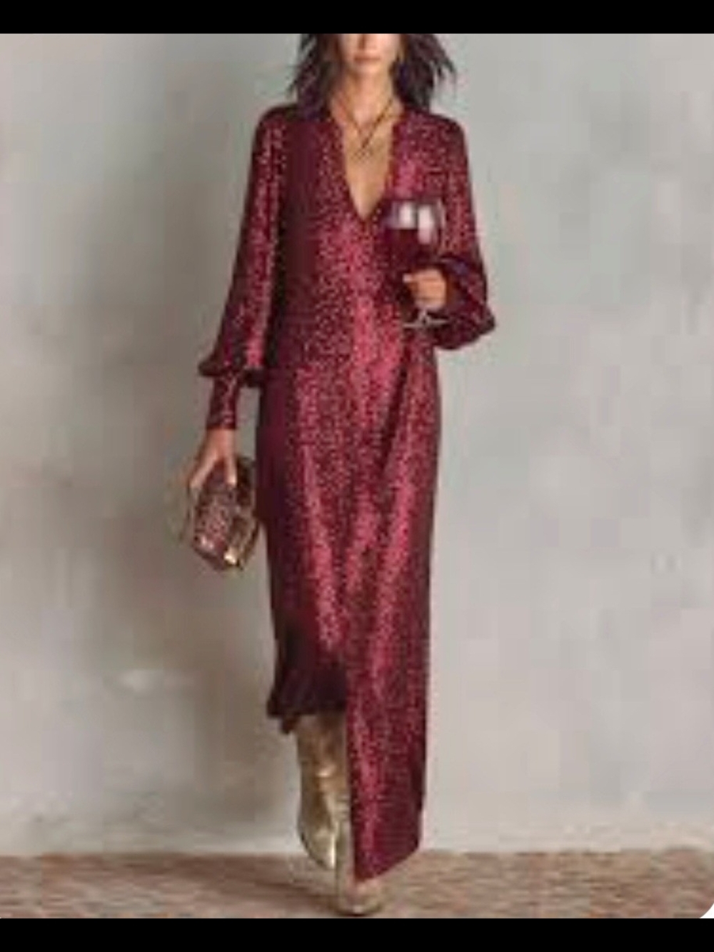 Minimalist Loose Shimmering V-neck Burgundy Maxi Party Dress - Picture 1 of 4